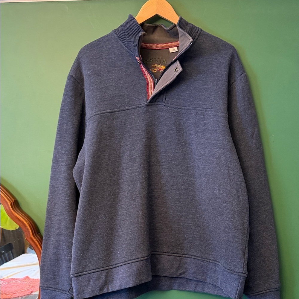 Orvis Navy Quarter-Zip Snap Collar Fleece Sweatshirt Layering Fishing Spring